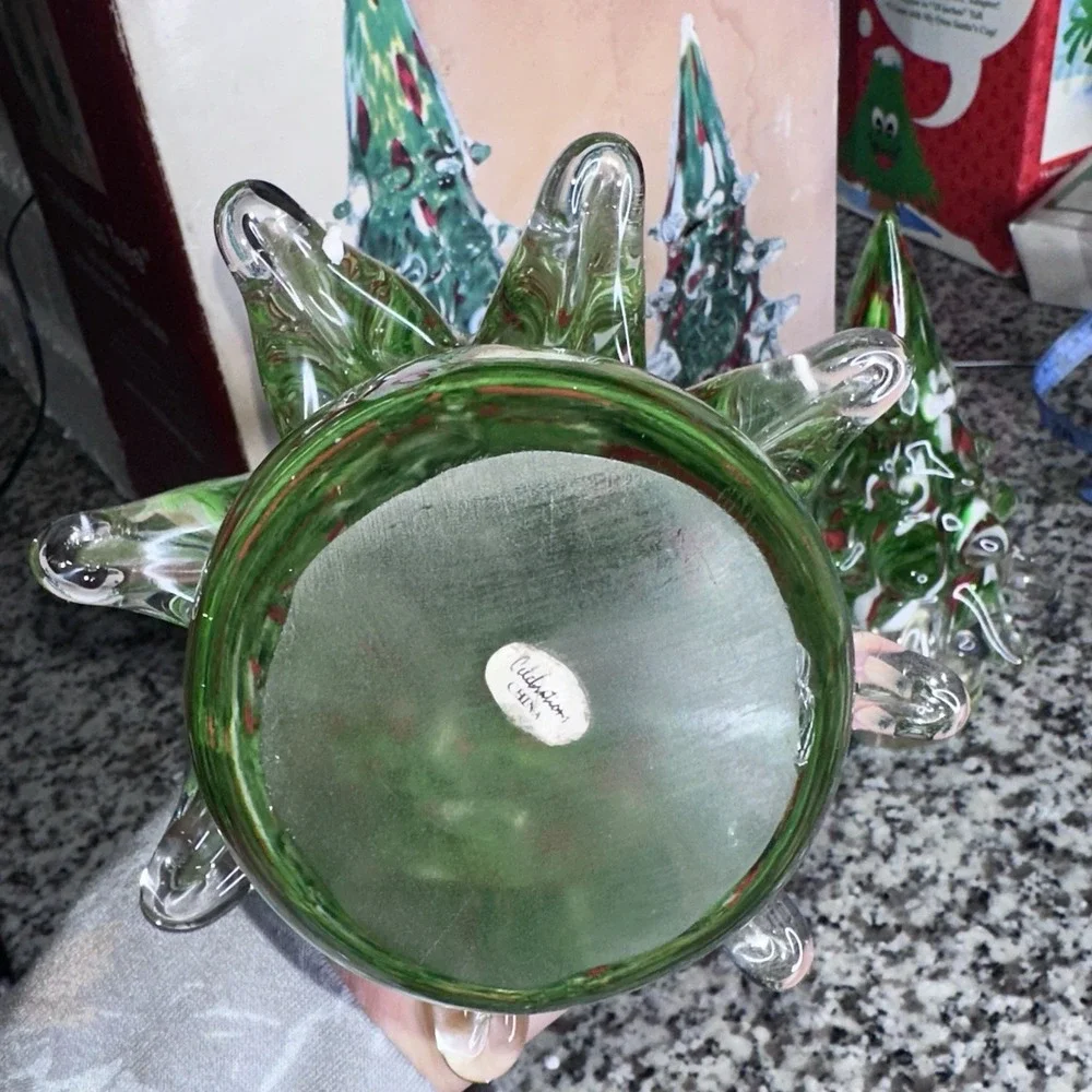 Vintage Red Green Art Glass Christmas Tree Sculpture Heavy 12 in And 8 in TWO